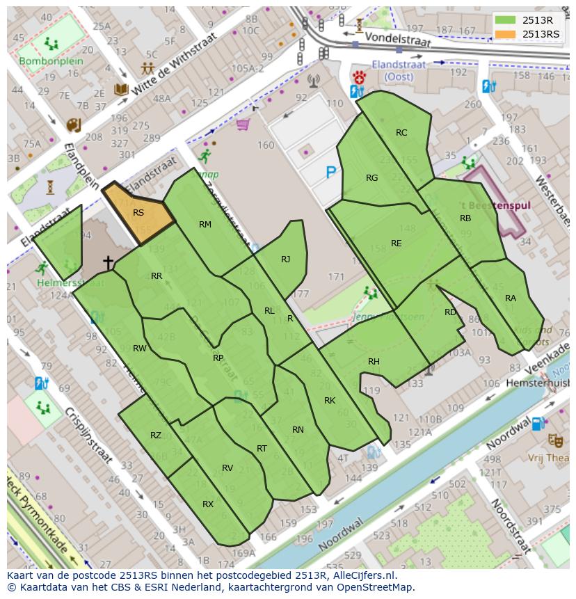 Afbeelding van het postcodegebied 2513 RS op de kaart.