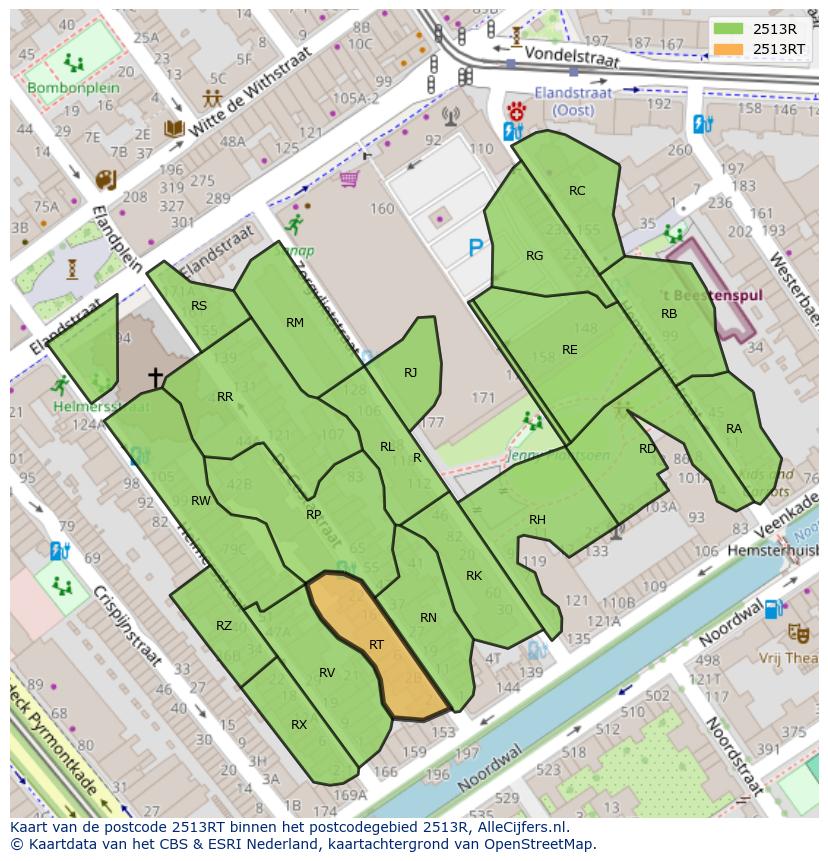 Afbeelding van het postcodegebied 2513 RT op de kaart.
