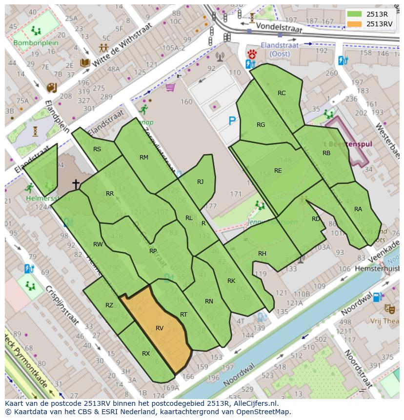 Afbeelding van het postcodegebied 2513 RV op de kaart.