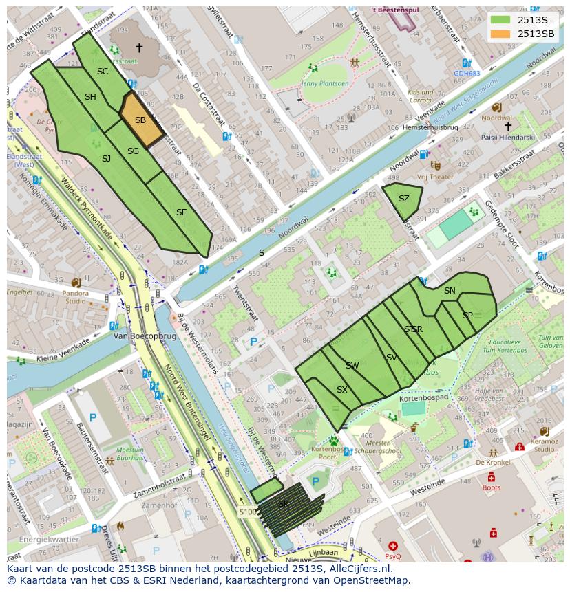 Afbeelding van het postcodegebied 2513 SB op de kaart.