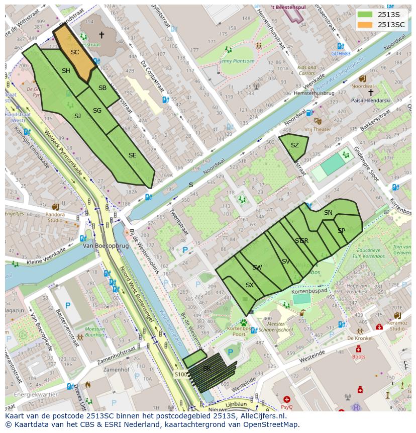 Afbeelding van het postcodegebied 2513 SC op de kaart.
