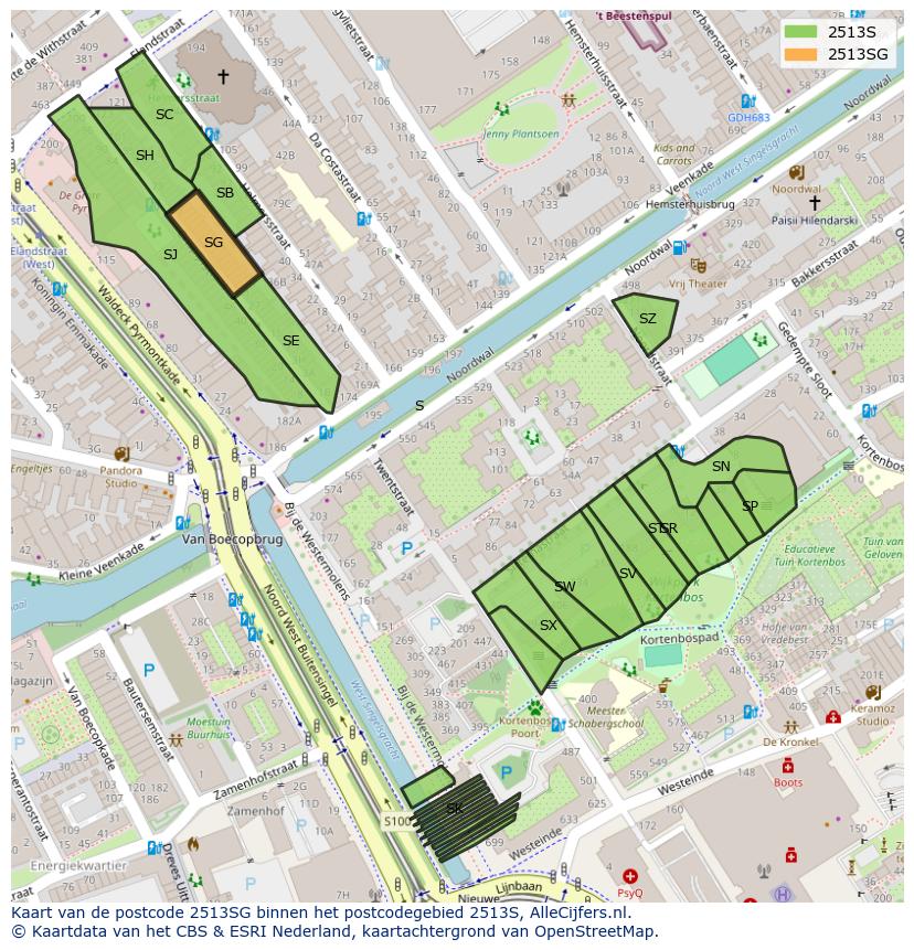Afbeelding van het postcodegebied 2513 SG op de kaart.
