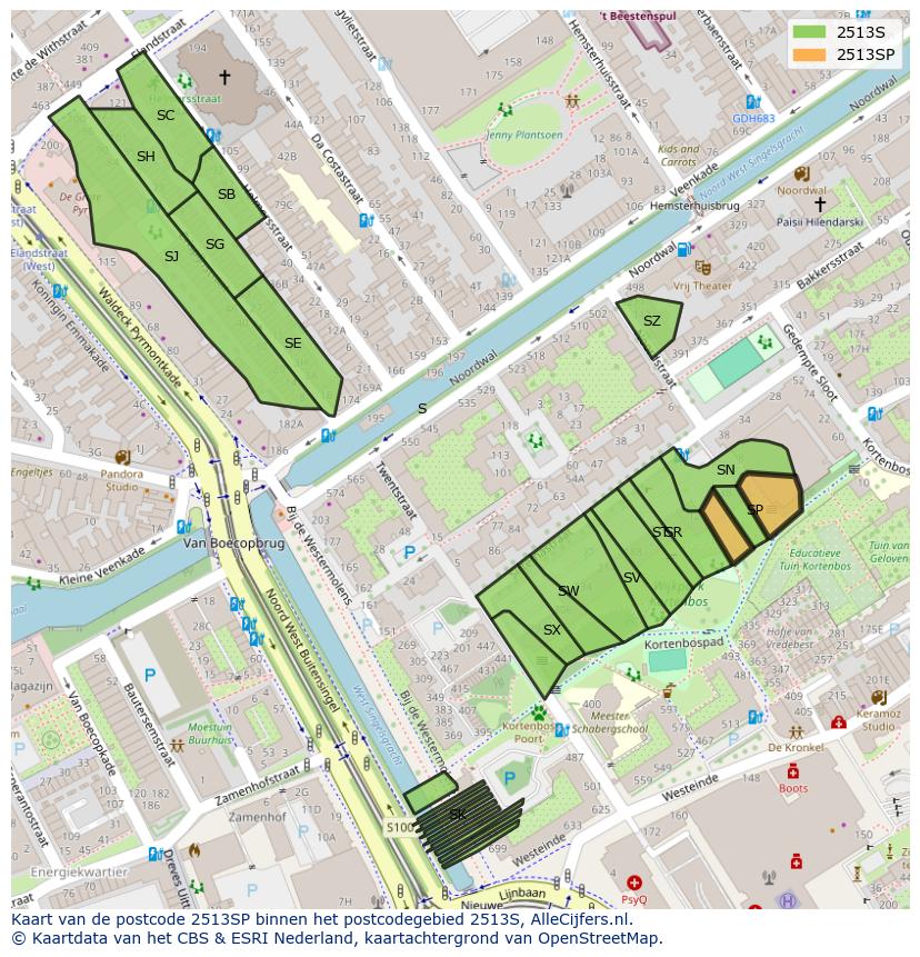 Afbeelding van het postcodegebied 2513 SP op de kaart.