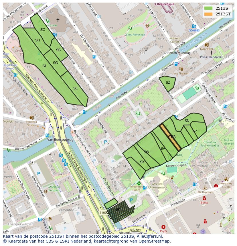 Afbeelding van het postcodegebied 2513 ST op de kaart.
