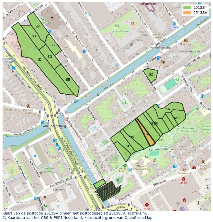 Afbeelding van het postcodegebied 2513 SV op de kaart.