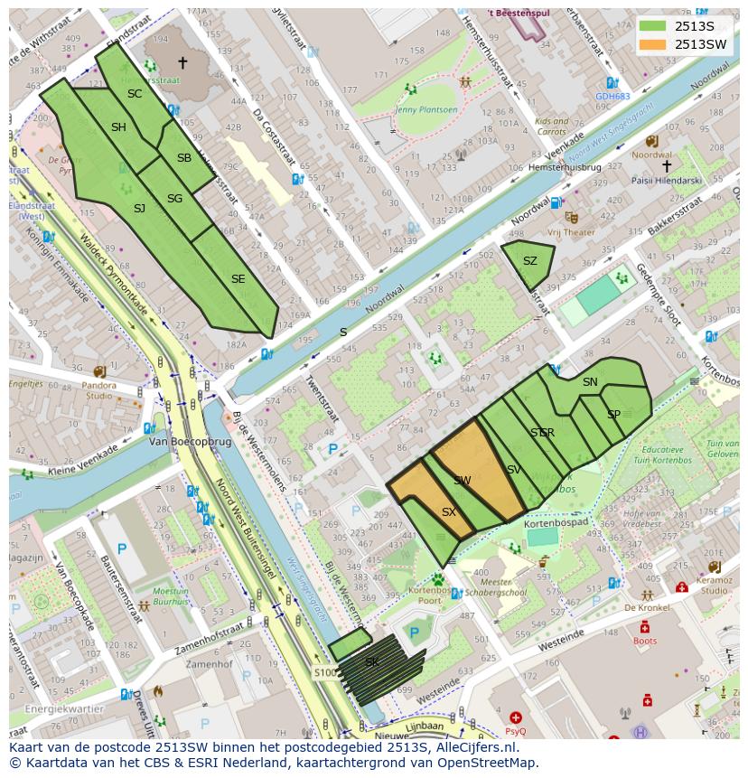 Afbeelding van het postcodegebied 2513 SW op de kaart.