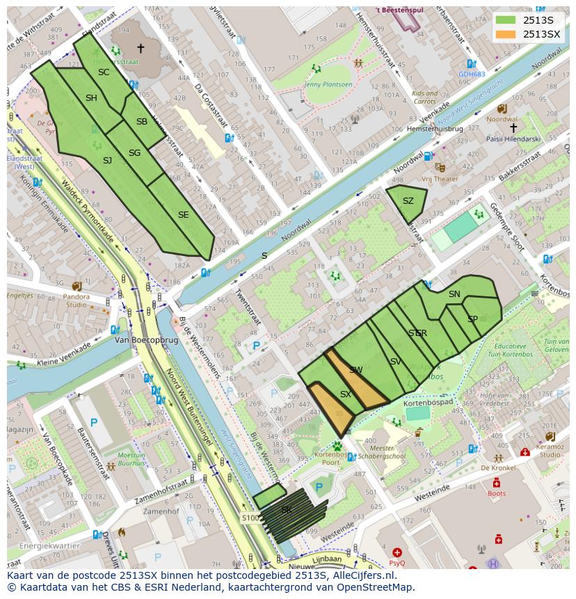 Afbeelding van het postcodegebied 2513 SX op de kaart.