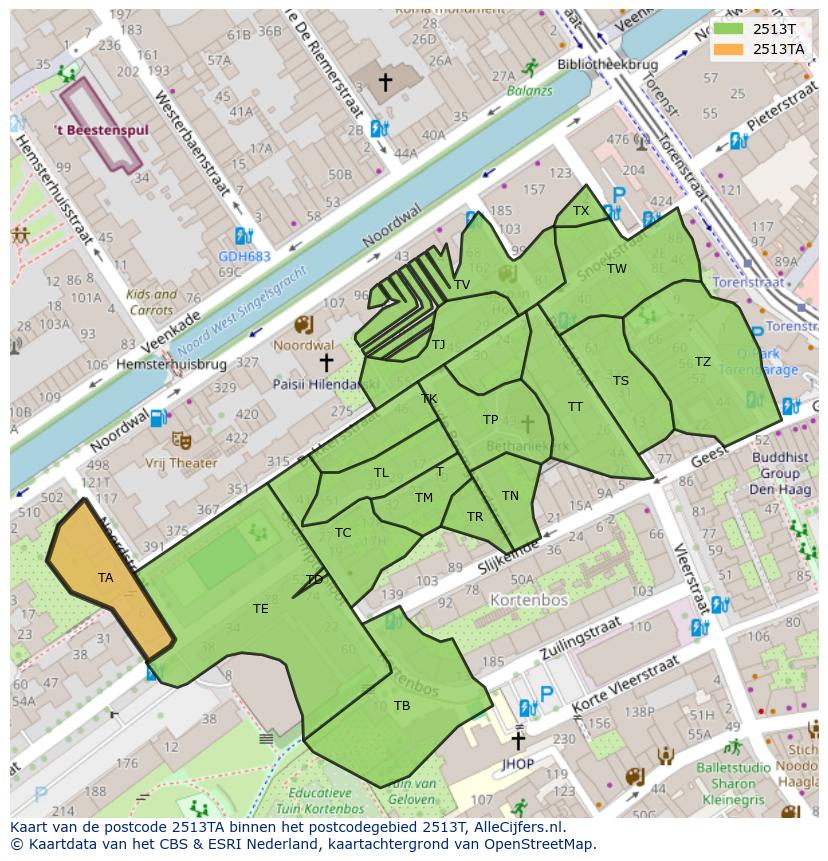 Afbeelding van het postcodegebied 2513 TA op de kaart.