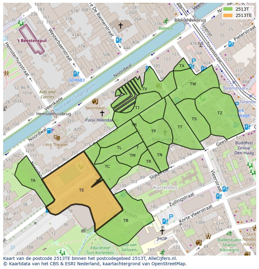 Afbeelding van het postcodegebied 2513 TE op de kaart.