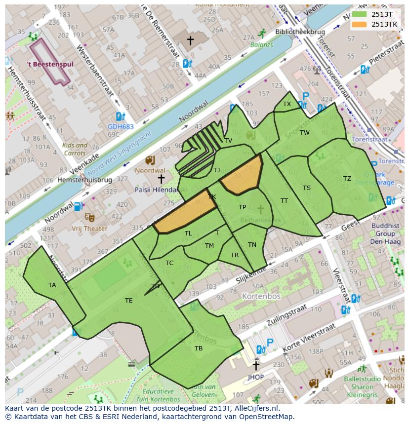 Afbeelding van het postcodegebied 2513 TK op de kaart.