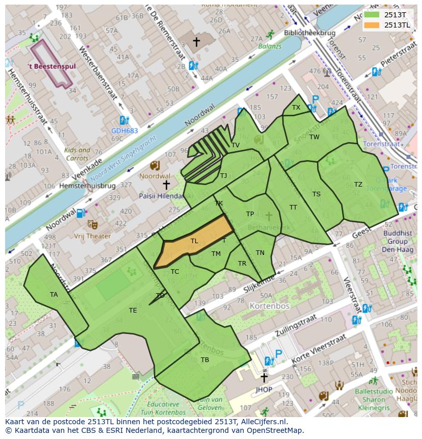 Afbeelding van het postcodegebied 2513 TL op de kaart.