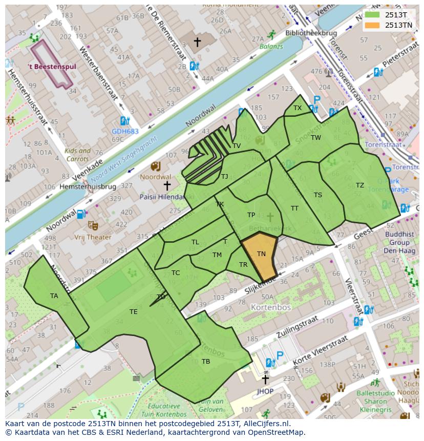 Afbeelding van het postcodegebied 2513 TN op de kaart.