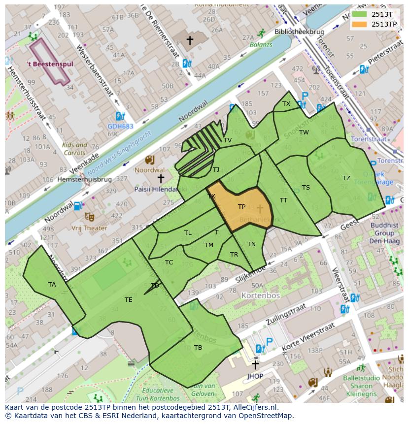 Afbeelding van het postcodegebied 2513 TP op de kaart.
