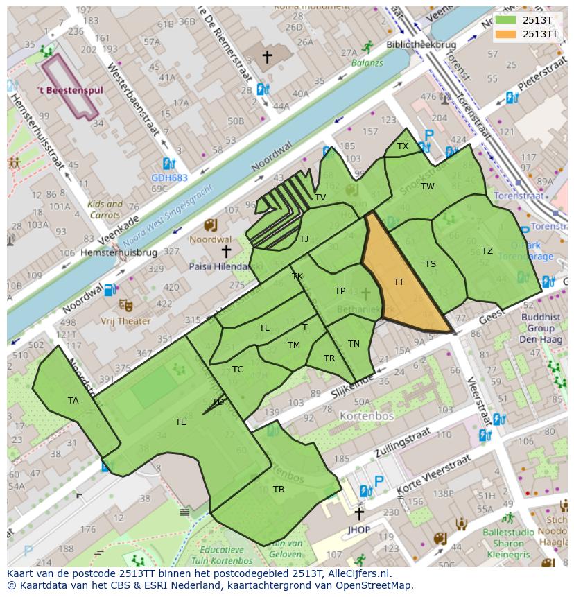 Afbeelding van het postcodegebied 2513 TT op de kaart.