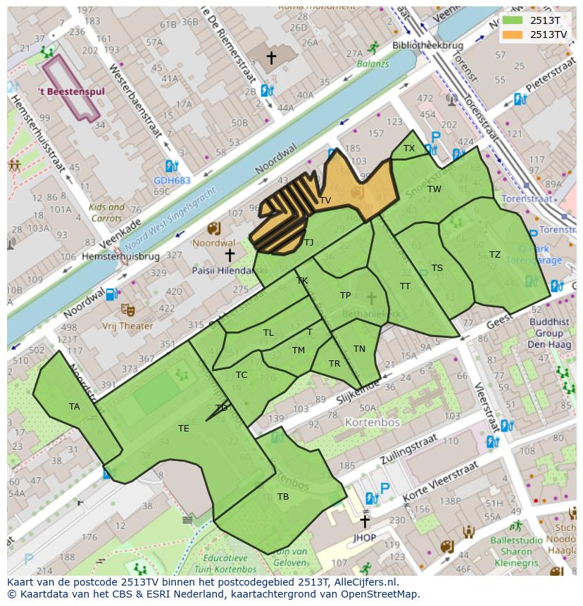Afbeelding van het postcodegebied 2513 TV op de kaart.