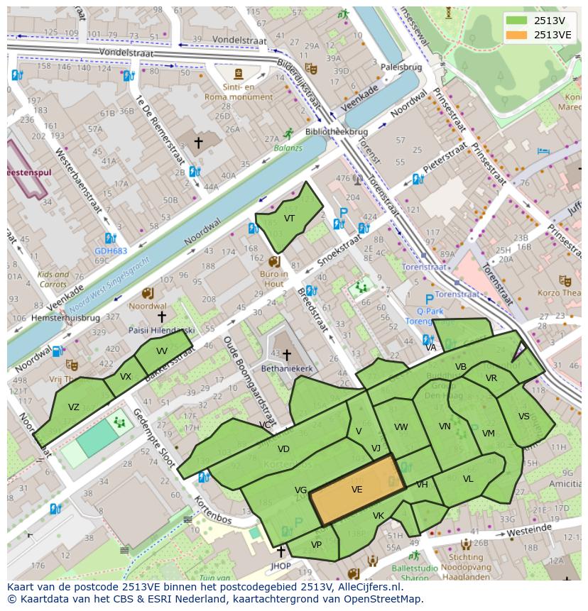 Afbeelding van het postcodegebied 2513 VE op de kaart.