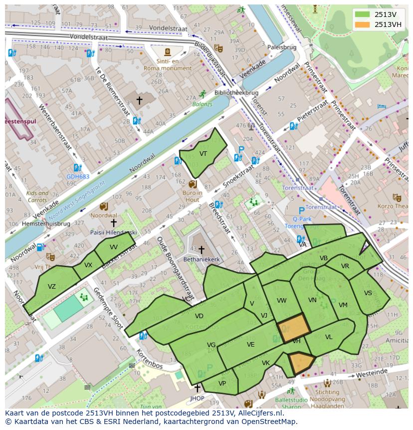 Afbeelding van het postcodegebied 2513 VH op de kaart.