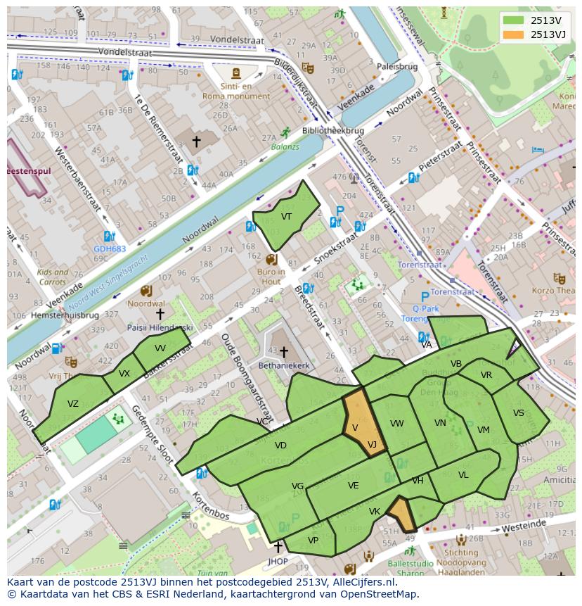Afbeelding van het postcodegebied 2513 VJ op de kaart.