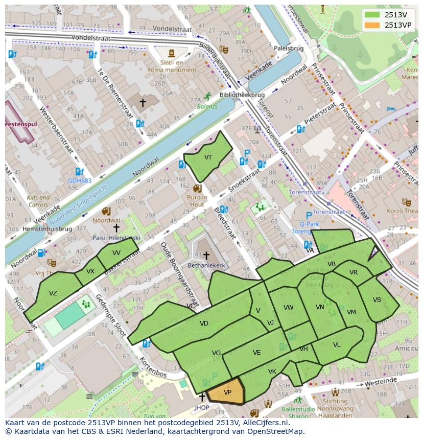 Afbeelding van het postcodegebied 2513 VP op de kaart.