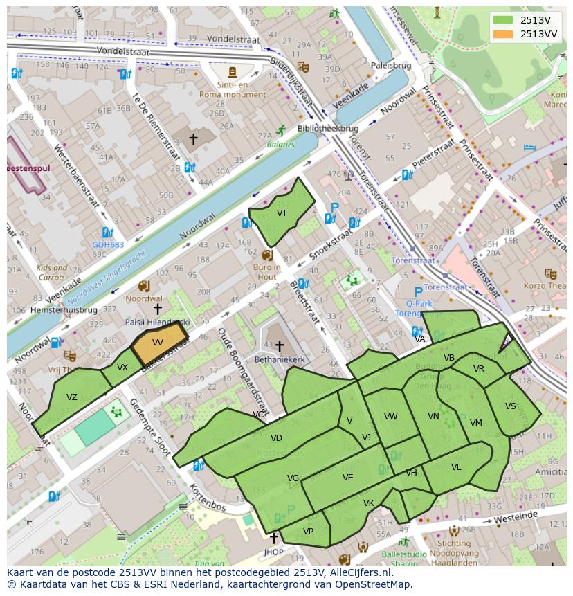 Afbeelding van het postcodegebied 2513 VV op de kaart.