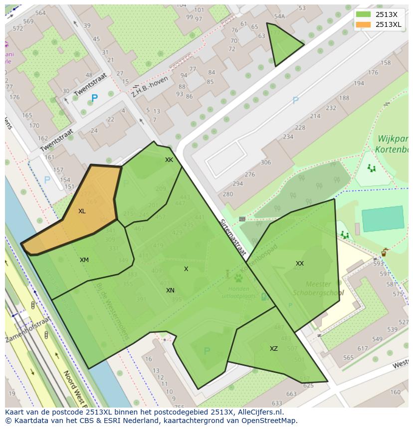 Afbeelding van het postcodegebied 2513 XL op de kaart.