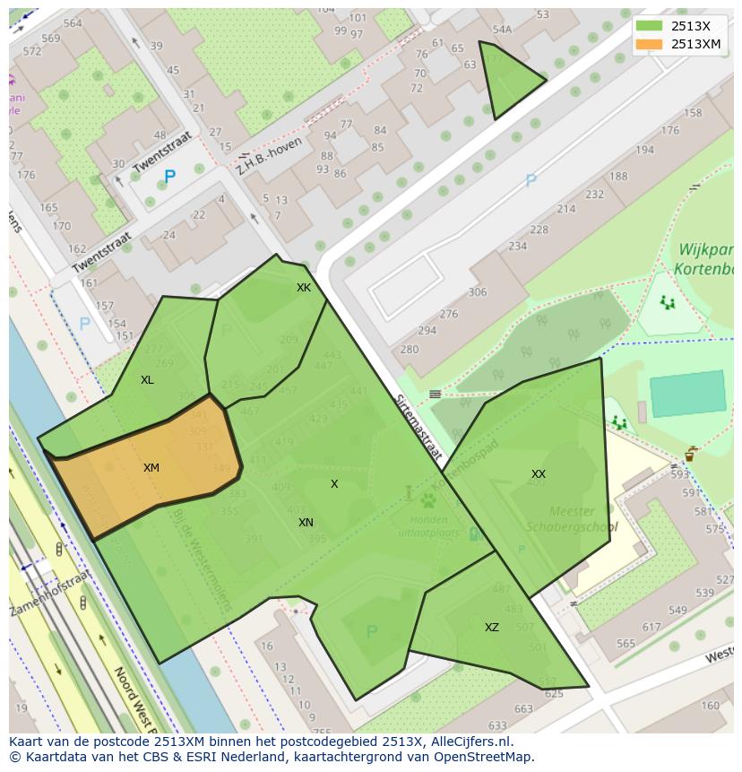 Afbeelding van het postcodegebied 2513 XM op de kaart.