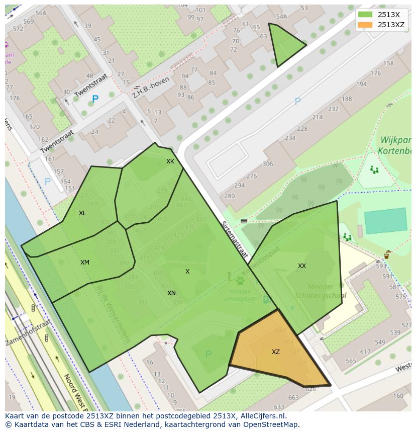 Afbeelding van het postcodegebied 2513 XZ op de kaart.