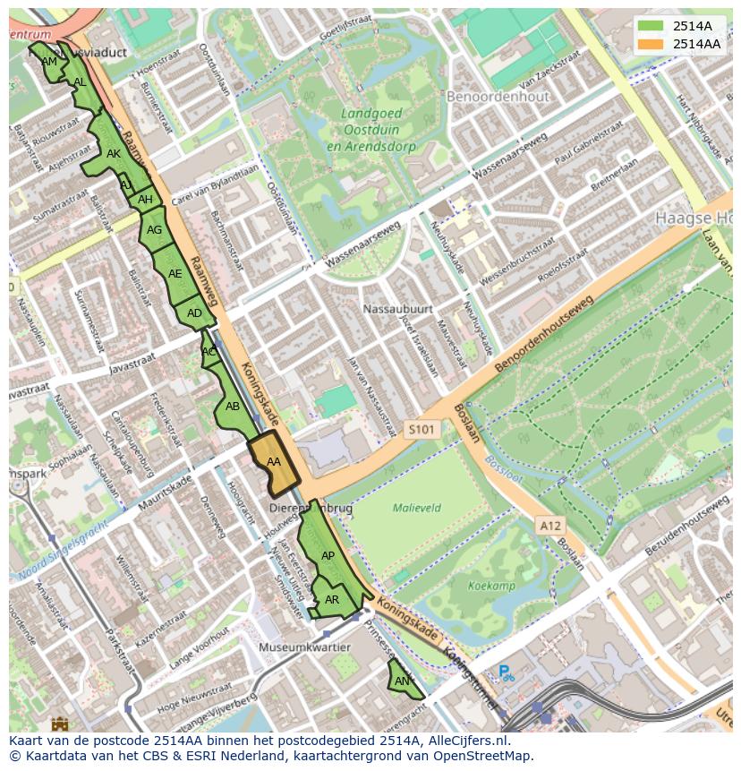 Afbeelding van het postcodegebied 2514 AA op de kaart.