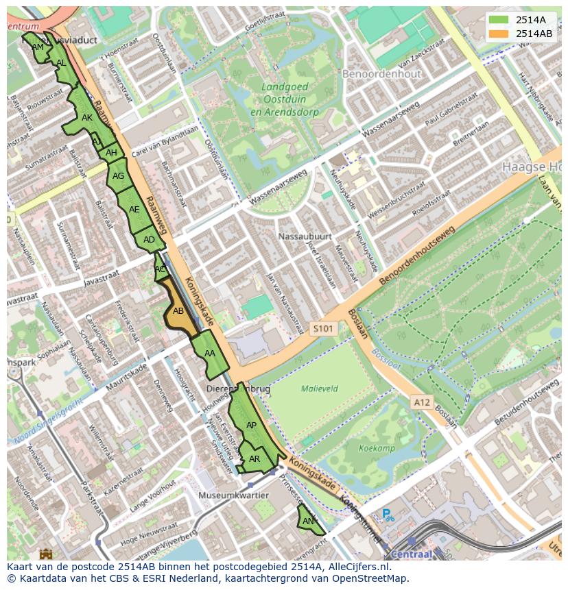 Afbeelding van het postcodegebied 2514 AB op de kaart.