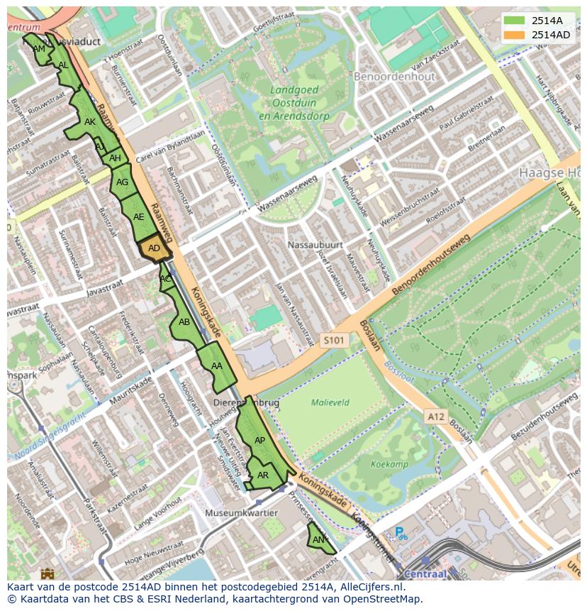 Afbeelding van het postcodegebied 2514 AD op de kaart.