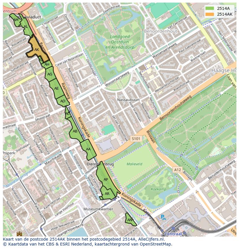 Afbeelding van het postcodegebied 2514 AK op de kaart.