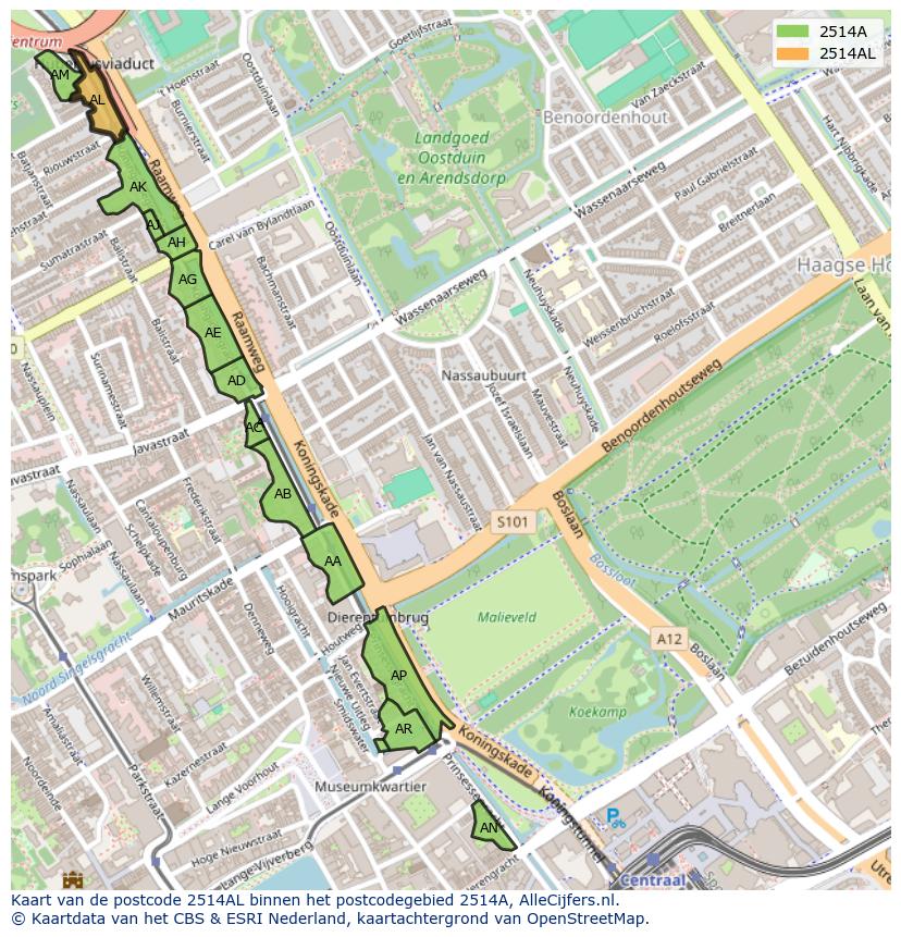 Afbeelding van het postcodegebied 2514 AL op de kaart.