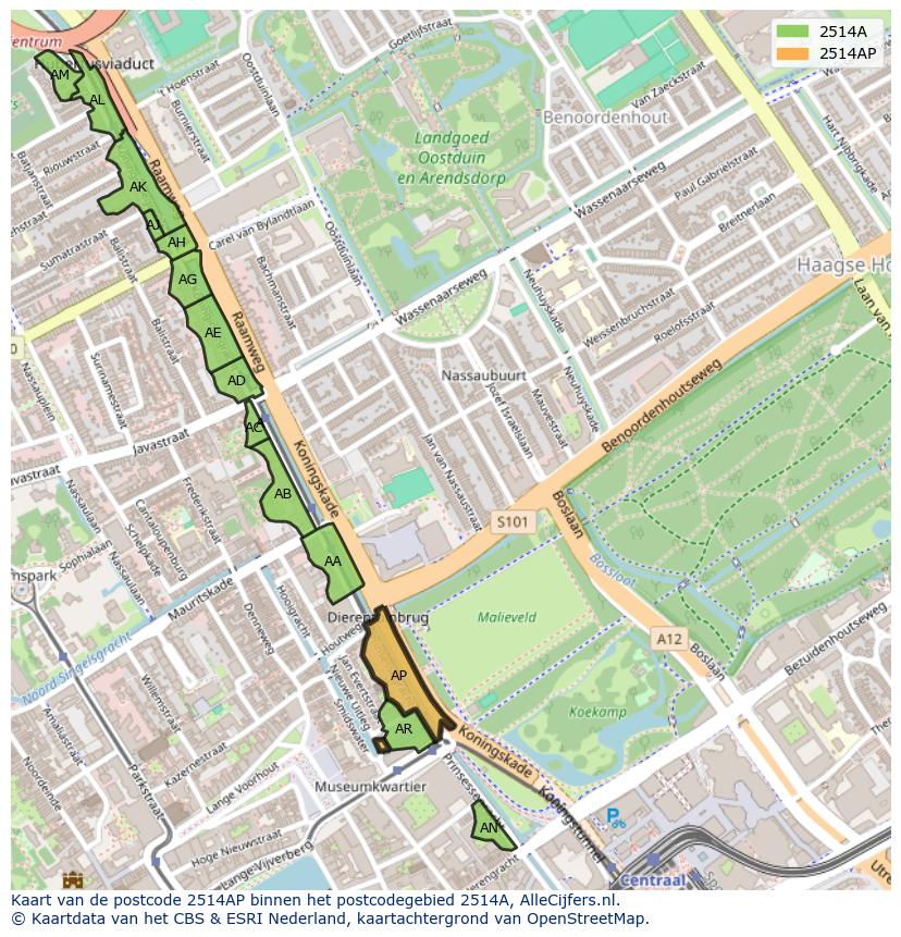 Afbeelding van het postcodegebied 2514 AP op de kaart.