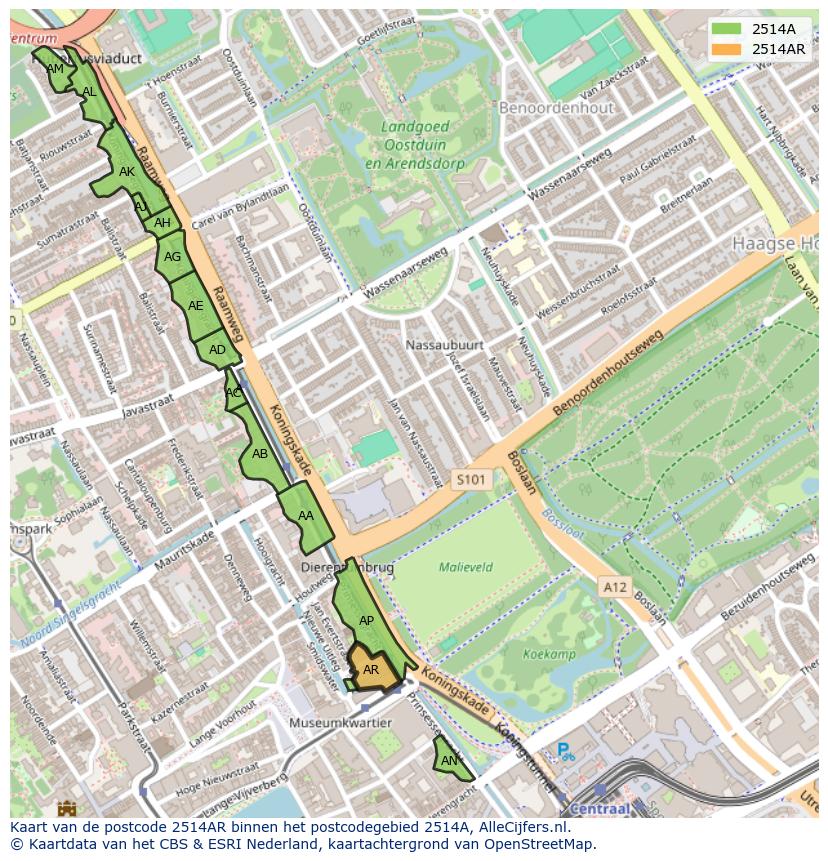 Afbeelding van het postcodegebied 2514 AR op de kaart.