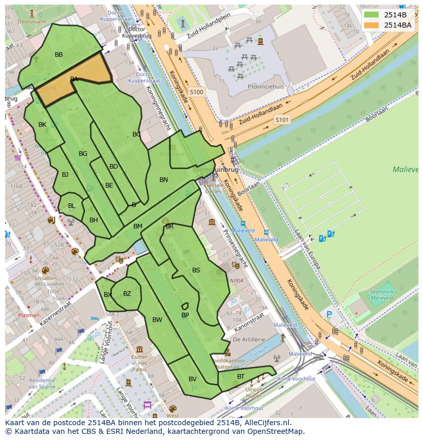 Afbeelding van het postcodegebied 2514 BA op de kaart.