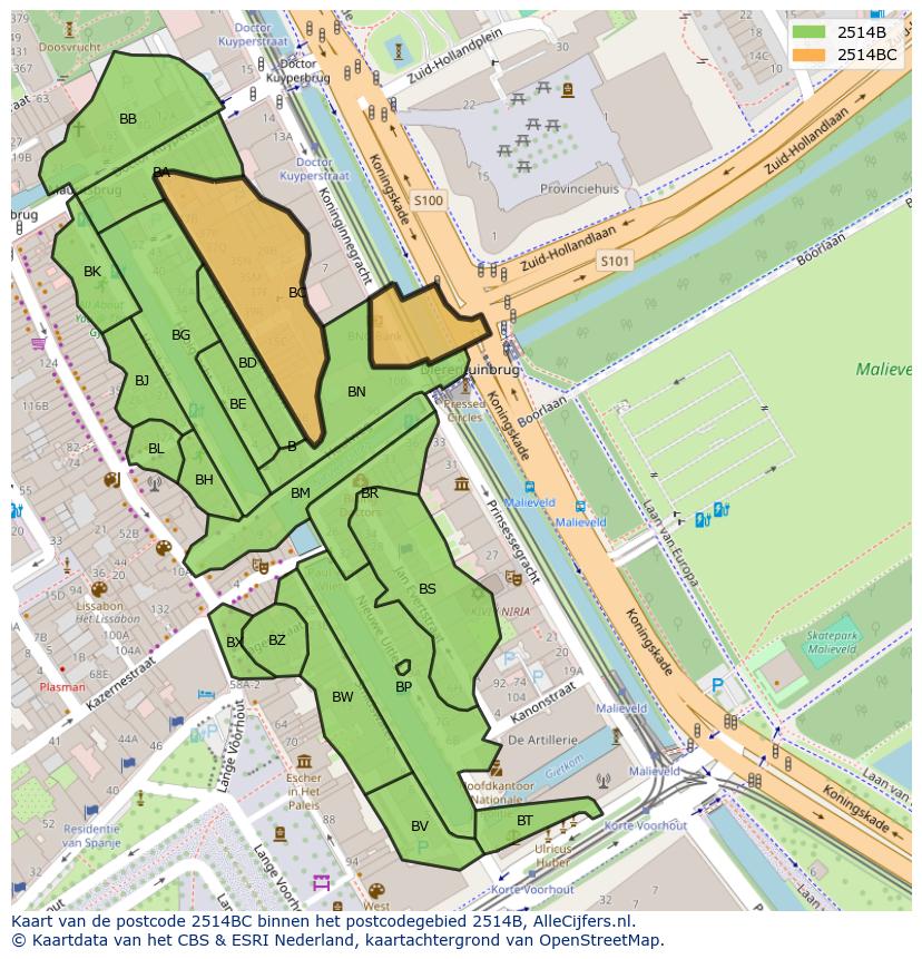 Afbeelding van het postcodegebied 2514 BC op de kaart.