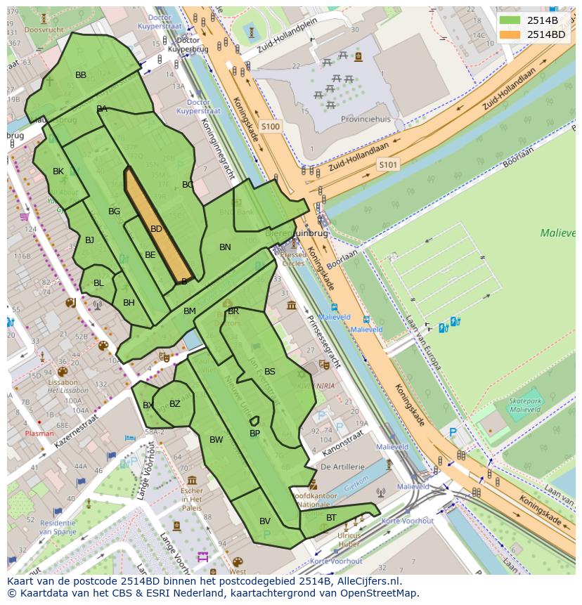 Afbeelding van het postcodegebied 2514 BD op de kaart.