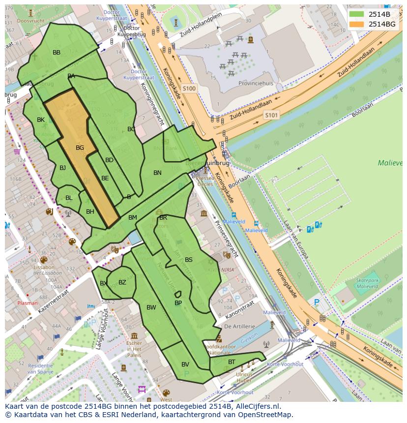 Afbeelding van het postcodegebied 2514 BG op de kaart.