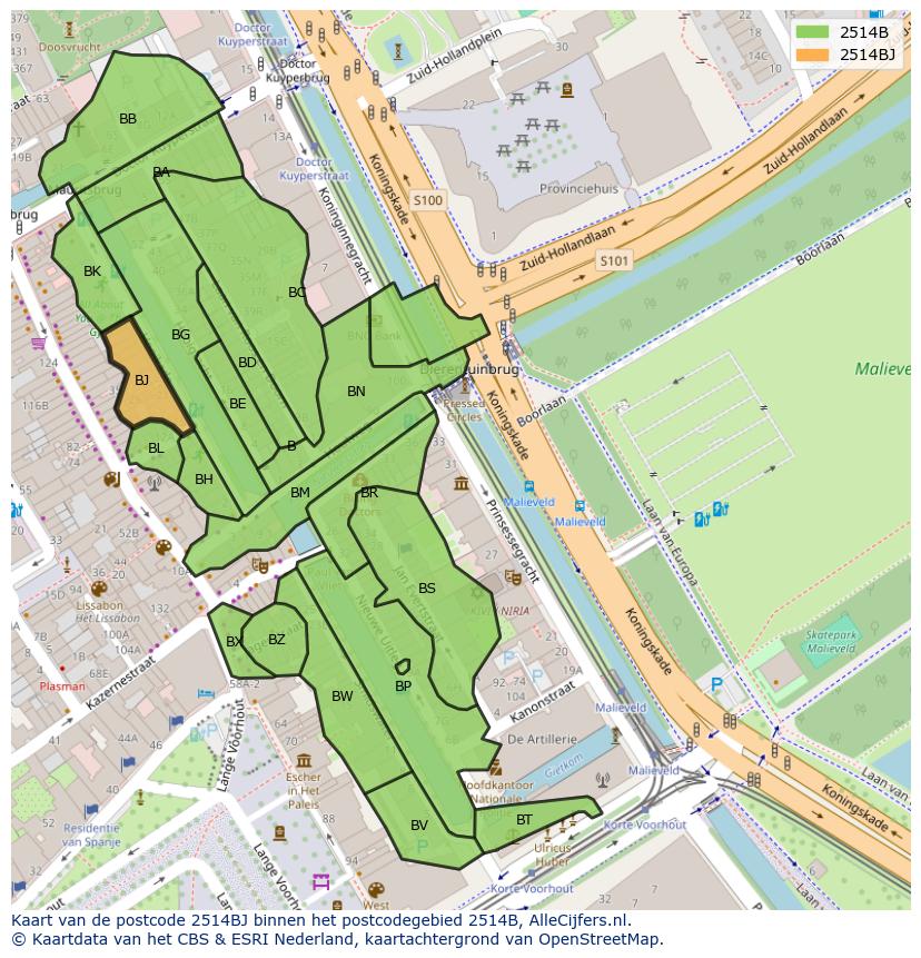 Afbeelding van het postcodegebied 2514 BJ op de kaart.