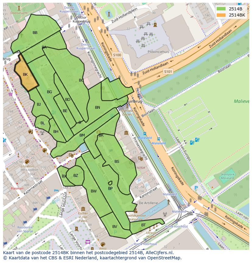 Afbeelding van het postcodegebied 2514 BK op de kaart.