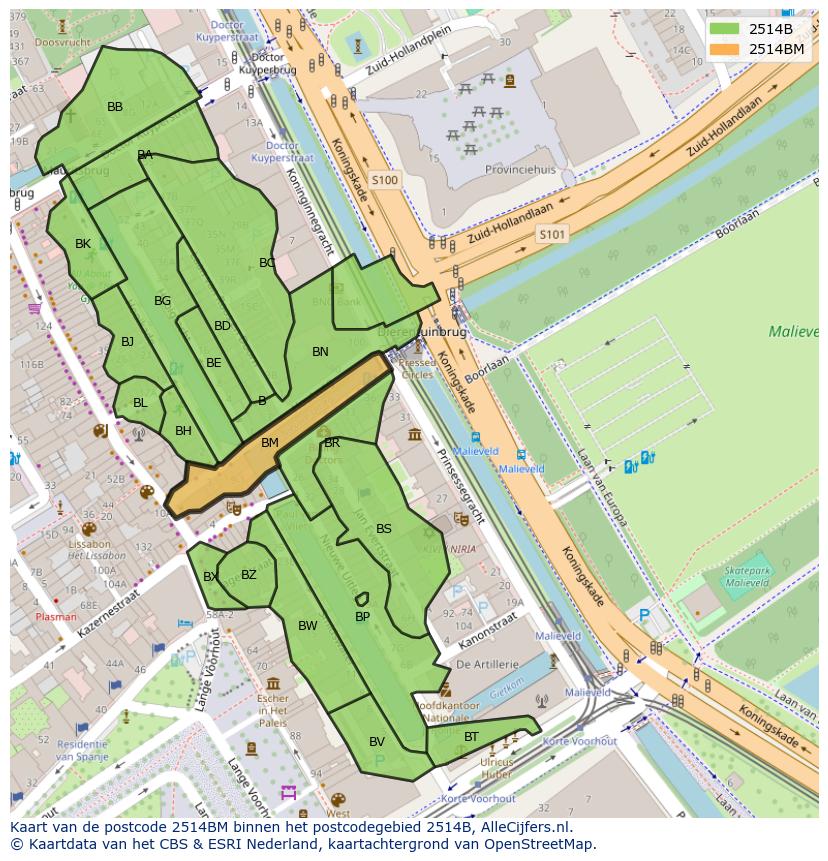 Afbeelding van het postcodegebied 2514 BM op de kaart.