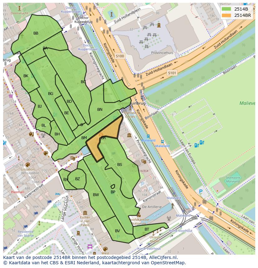 Afbeelding van het postcodegebied 2514 BR op de kaart.