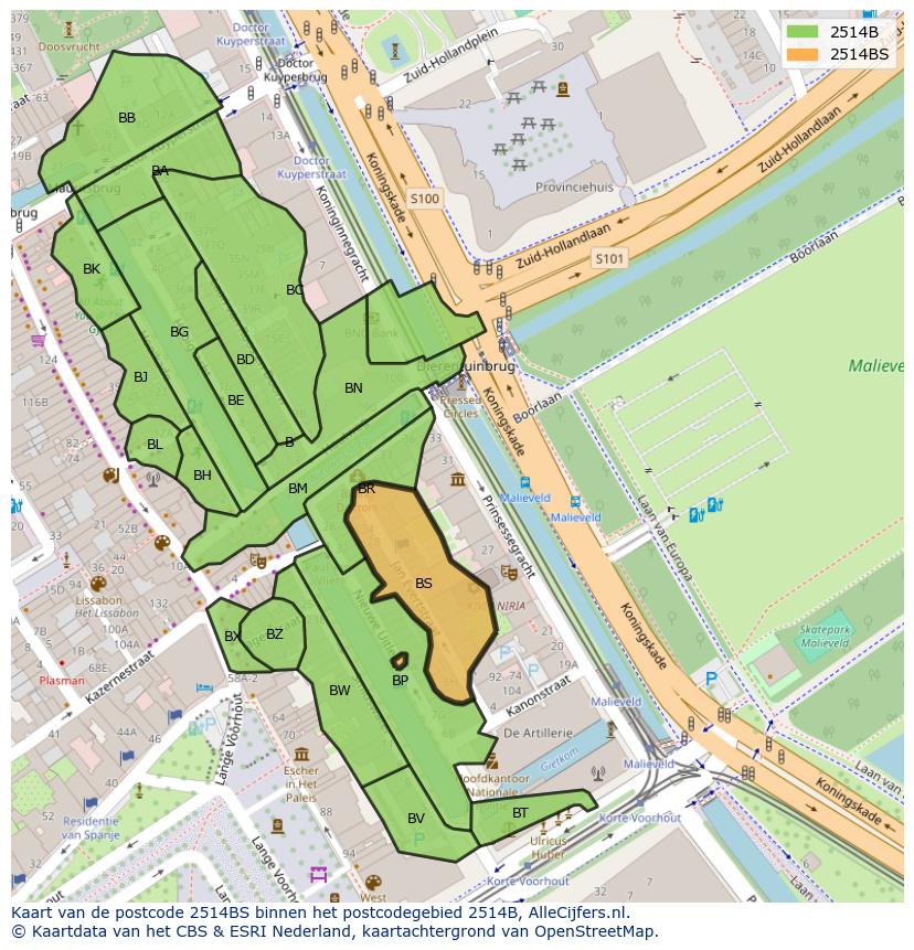 Afbeelding van het postcodegebied 2514 BS op de kaart.
