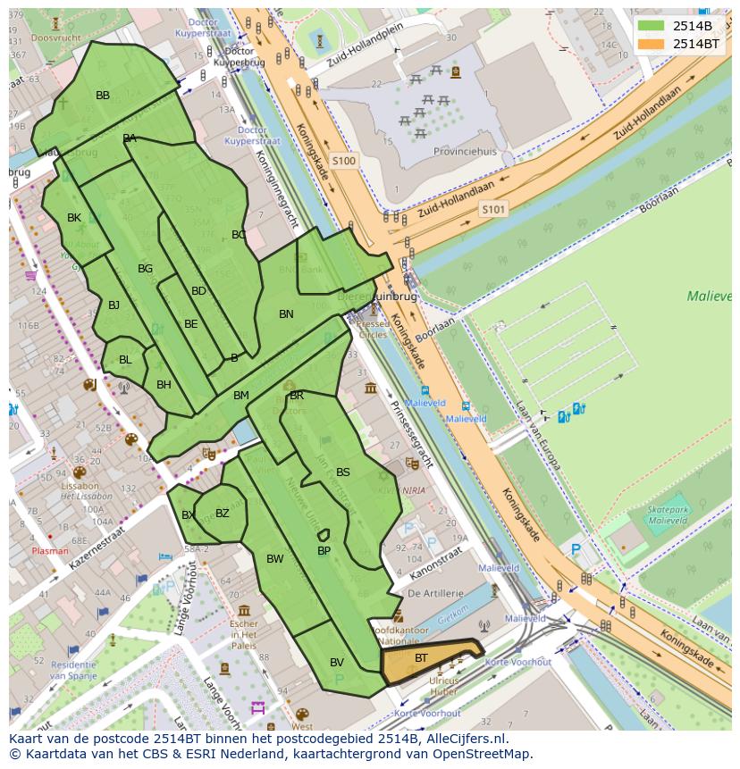 Afbeelding van het postcodegebied 2514 BT op de kaart.