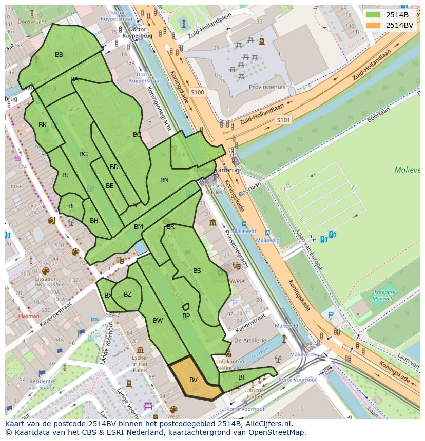 Afbeelding van het postcodegebied 2514 BV op de kaart.