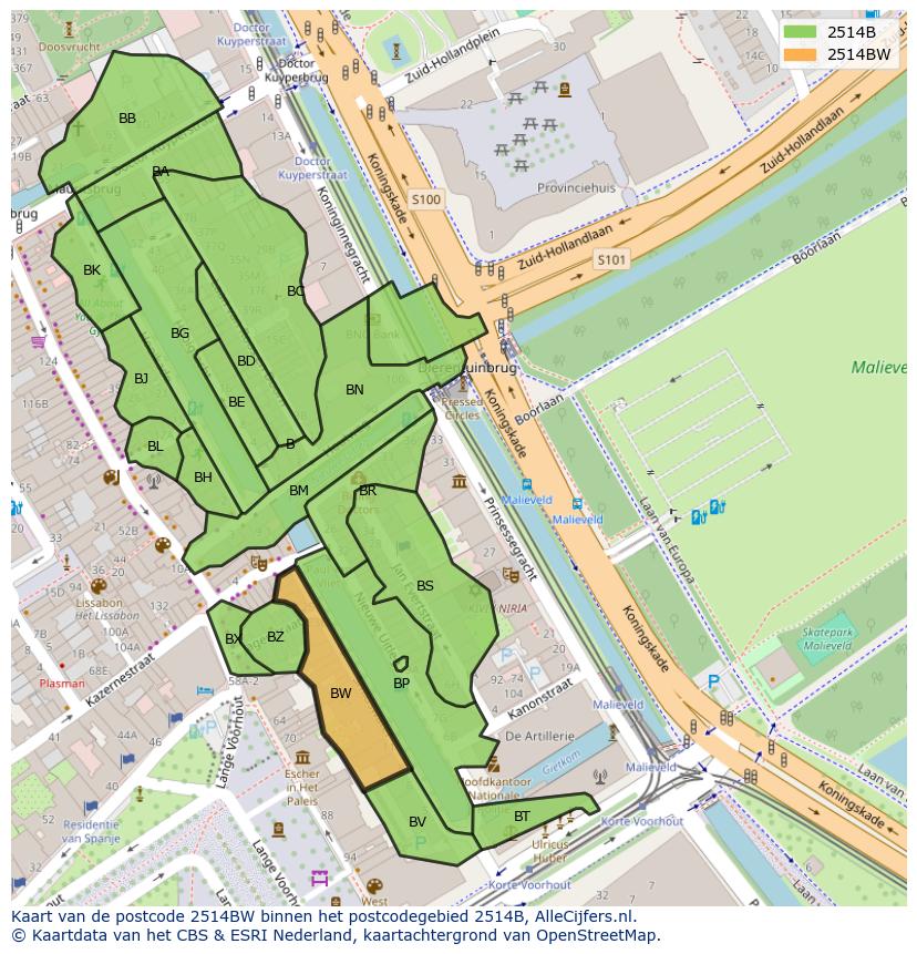 Afbeelding van het postcodegebied 2514 BW op de kaart.