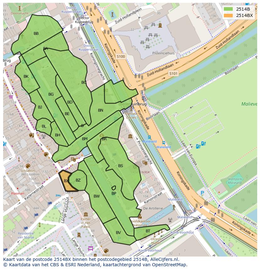 Afbeelding van het postcodegebied 2514 BX op de kaart.