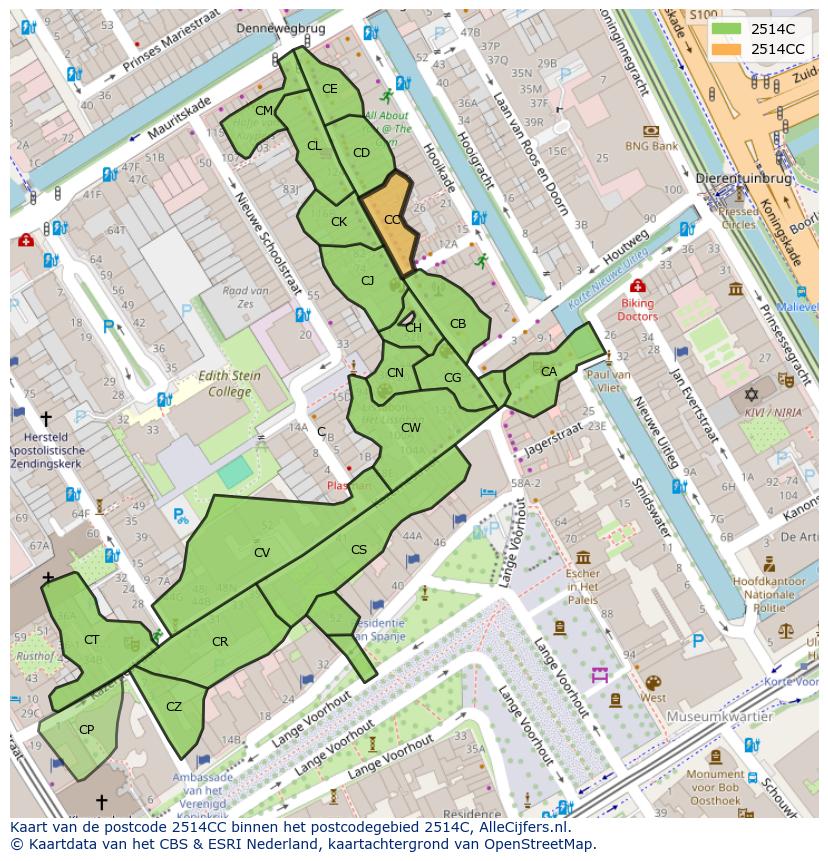 Afbeelding van het postcodegebied 2514 CC op de kaart.