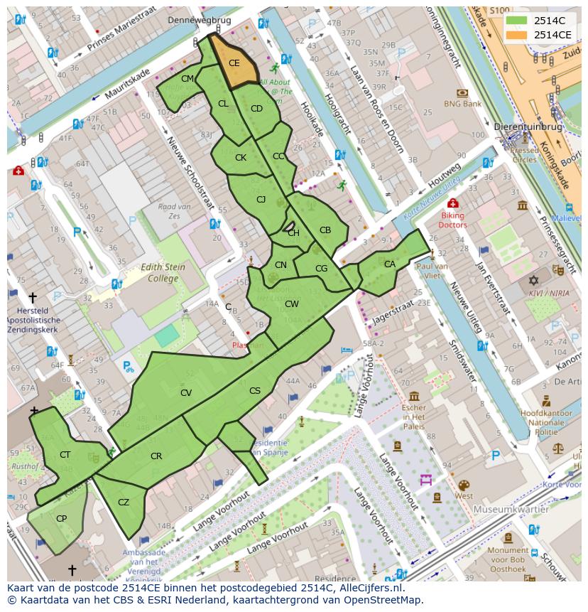 Afbeelding van het postcodegebied 2514 CE op de kaart.