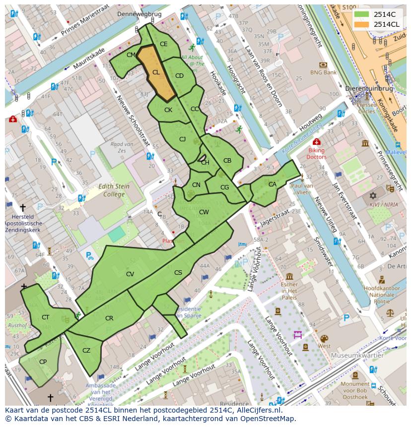 Afbeelding van het postcodegebied 2514 CL op de kaart.